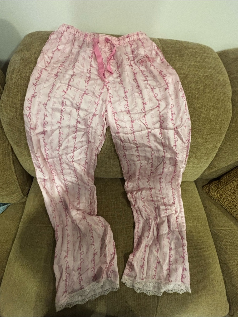 LoveShackFancy Light Pink Script Lounge Pajama Pants with Lace Trim